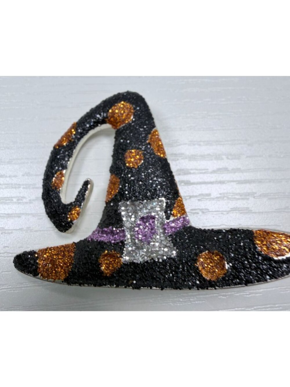 Halloween Glitter Witch Hat Brooch Pin Black Sparkly Orange Polka Dot Party - Picture 7 of 8
